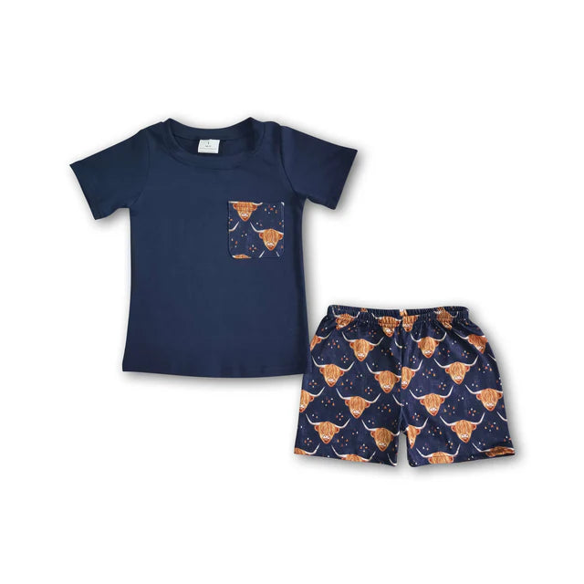 BSSO0035 Sales New RTS No Moq Promotion Navy cotton shirt highland cow shorts baby boy clothing
