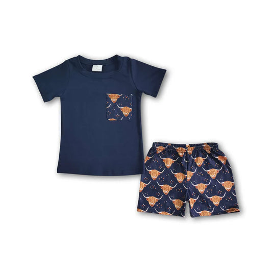 BSSO0035 Sales New RTS No Moq Promotion Navy cotton shirt highland cow shorts baby boy clothing