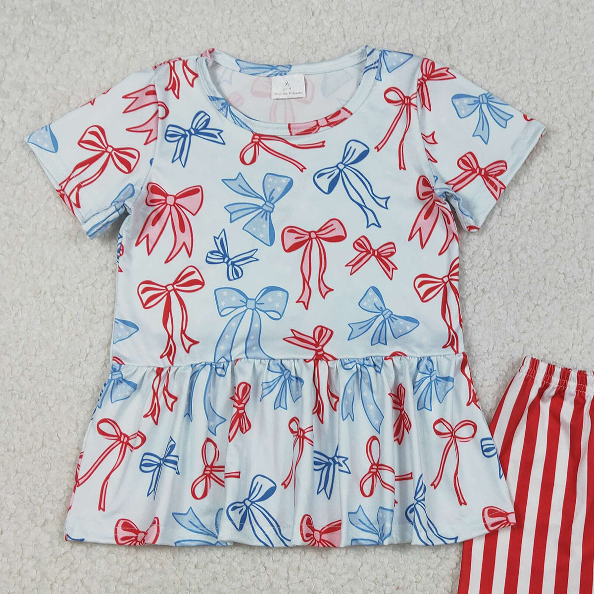12.9 RTS NO MOQ （In stock）GSSO2838 Baby Girls Red Blue Bows Ruffle Top Stripe Shorts July 4th Clothes Sets