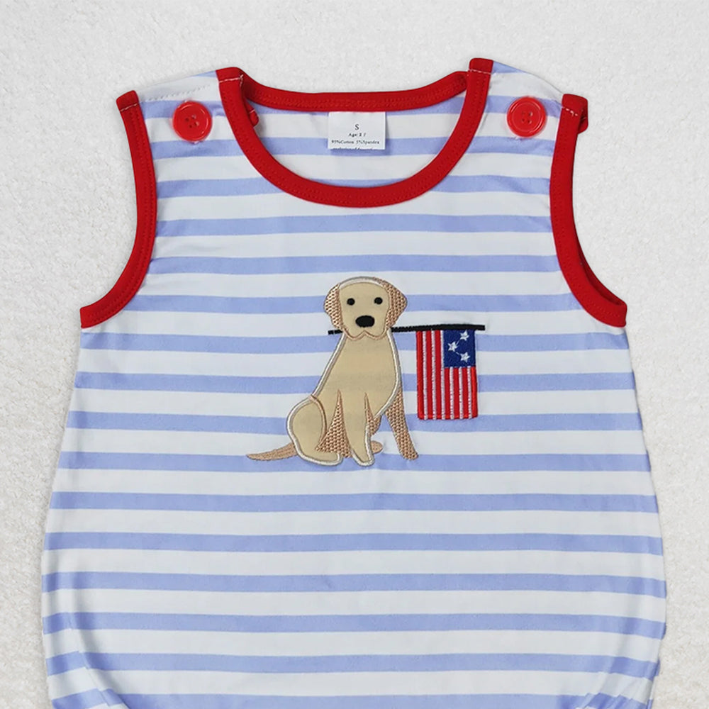 SR1080 RTS NO MOQ Baby Boys Summer Rompers Embroidery Baby Infant Boys Blue Stripes Dog Flag Sleeveless Summer Rompers