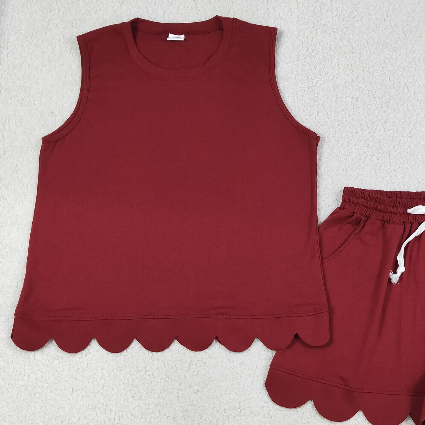 GSSO3735 RTS NO MOQ （In stock）Maroon sleeveless cotton scallop top shorts women set
