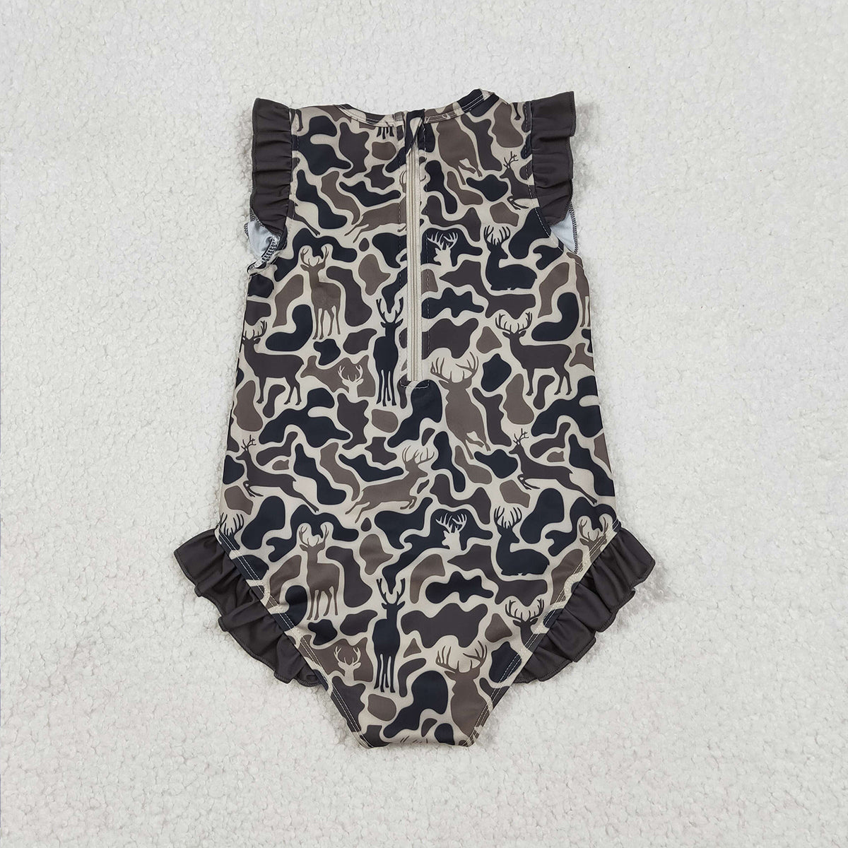12.23 RTS NO MOQ （In stock）S0597 Baby Girls Southern Dark Brown Deer Camo Zipper Ruffle Swimsuits