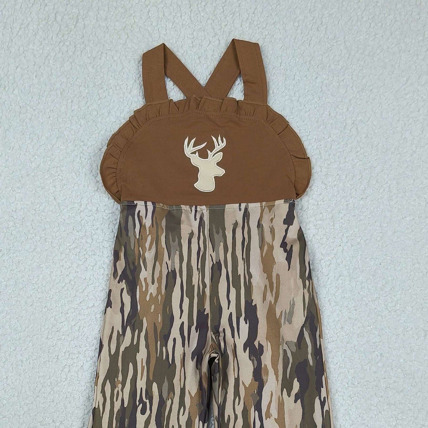 SR4047 RTS NO MOQ （In stock ）Deer embroidery brown ruffle camo kids girls jumpsuit  Reviews