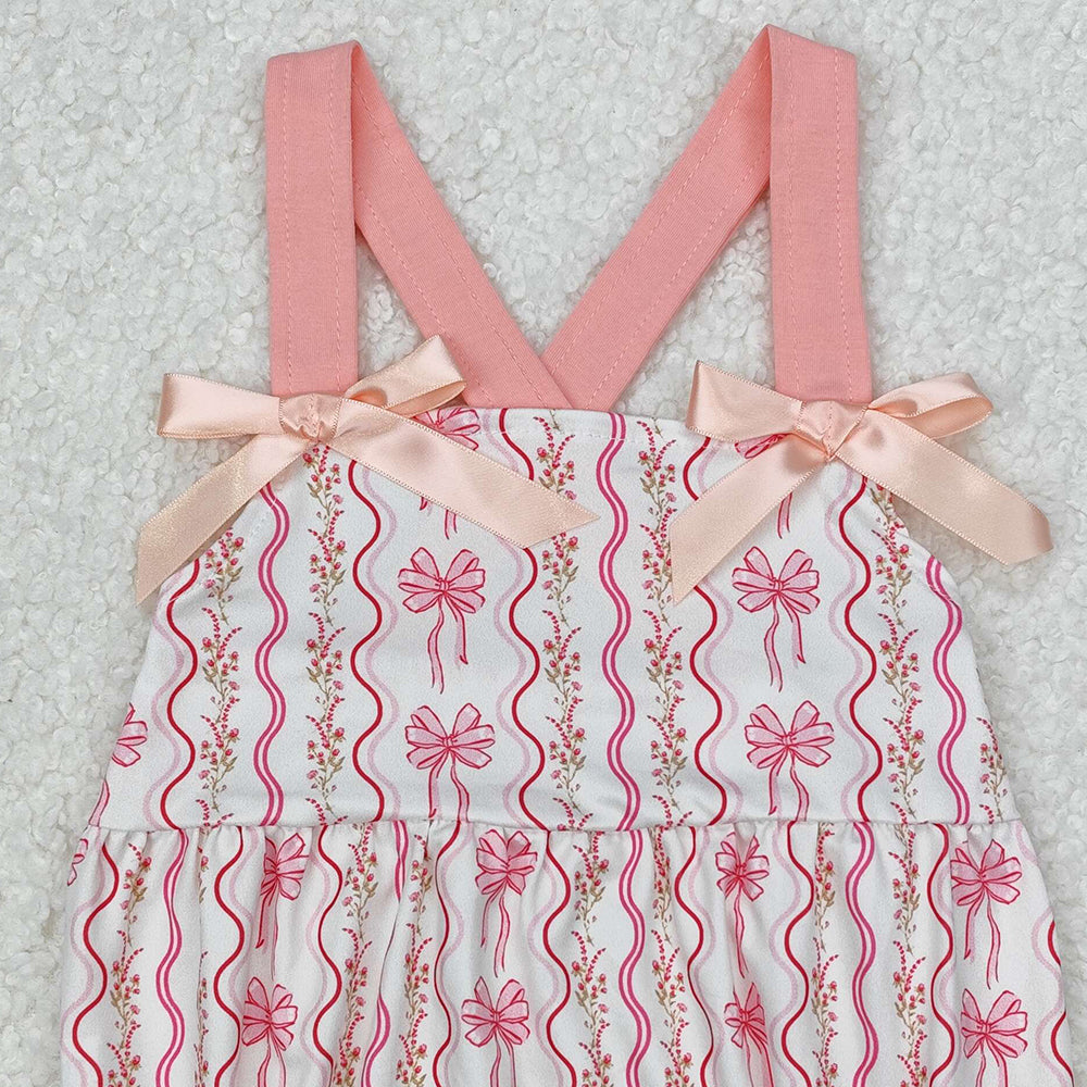 SR2704Floral Baby Girls Summer Romper with Pink Straps Bow - Cute Infant Outfit for Girls