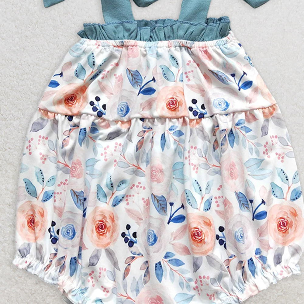 SR0907  RTS NO MOQ Baby Girls Summer Rompers Baby Infant Girls Dark Blue Flowers Straps Rompers