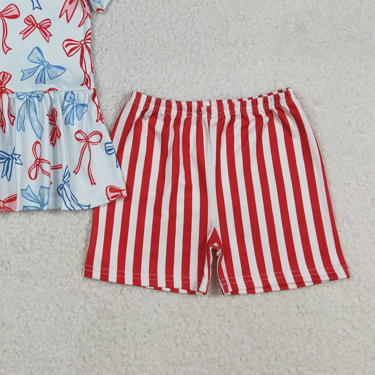 12.9 RTS NO MOQ （In stock）GSSO2838 Baby Girls Red Blue Bows Ruffle Top Stripe Shorts July 4th Clothes Sets