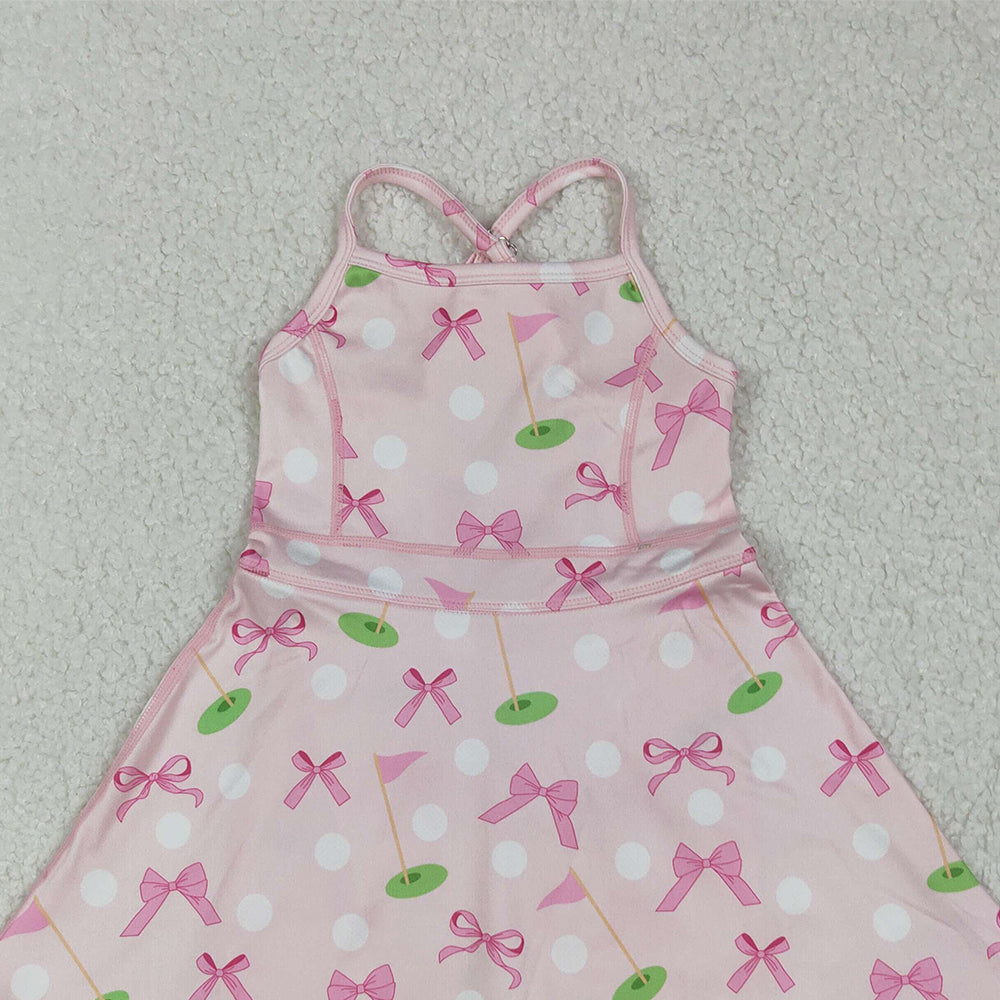8.14 GSD2568RTS NO MOQ Baby Girls Summer Yoga Dress Baby Girls Strap Pink Bows Golf Flags Activity Wear Yoga Knee Length Dresses