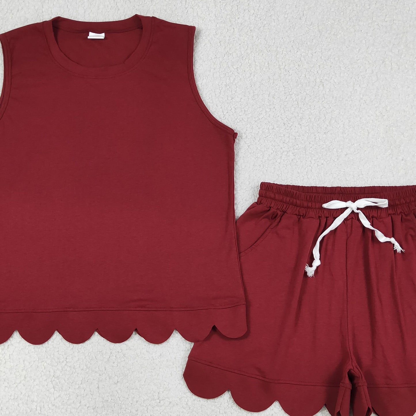 GSSO3735 RTS NO MOQ （In stock）Maroon sleeveless cotton scallop top shorts women set