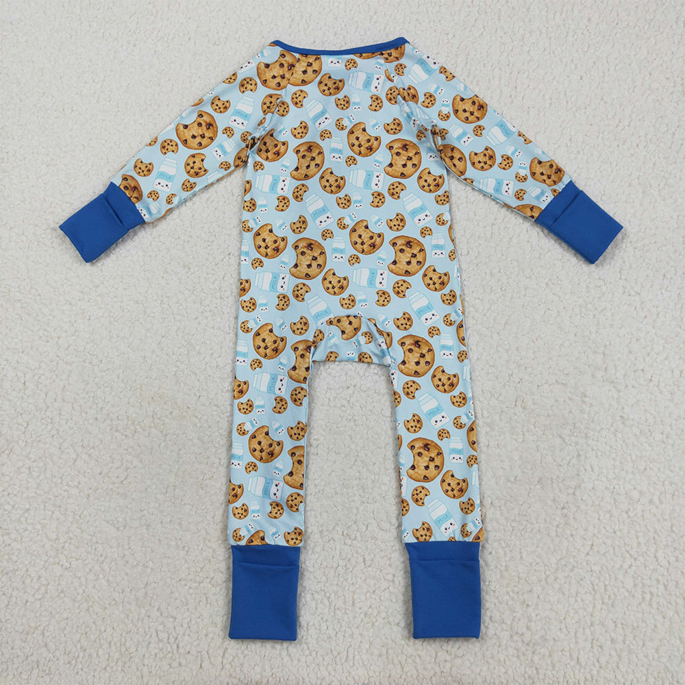RTS NO MOQ （In stock）LR2397 Baby Boys  Winter Rompers Baby Boys Blue Milk Cookies Christmas Zipper Pant Rompers