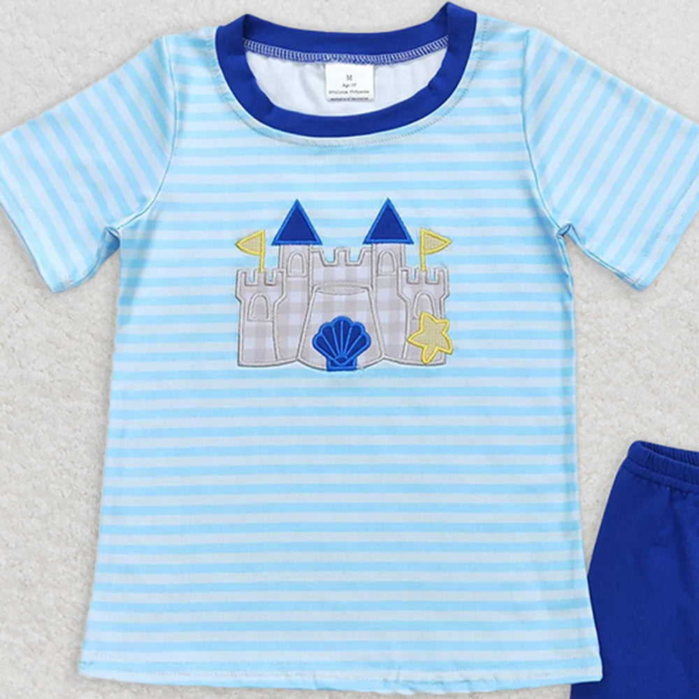 BSSO0747  RTS NO MOQ  Baby Boys Summer Boys Outfits Baby Boys Blue Stripes Castle Tee Shirts Tops Shorts Clothes Sets