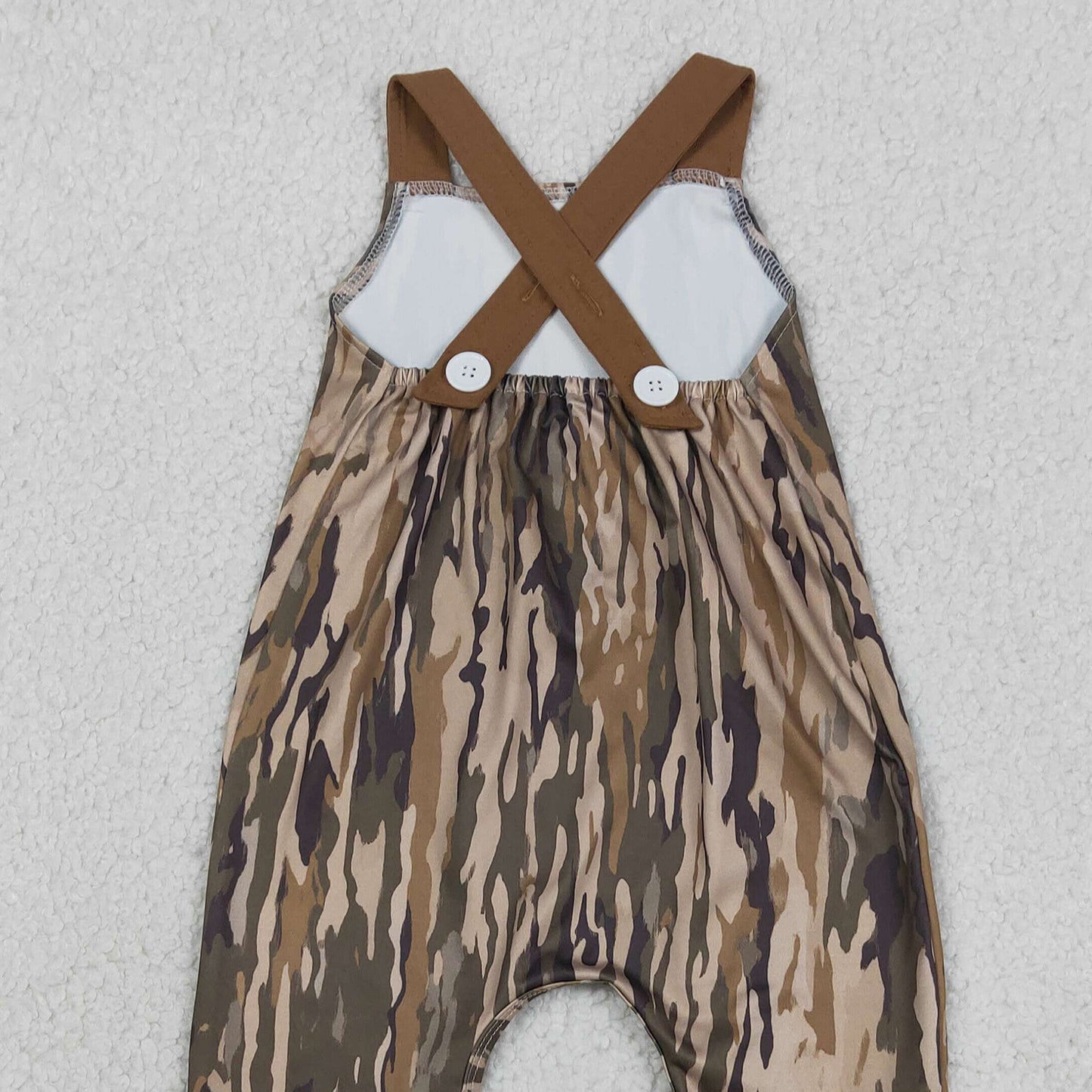 SR4048 RTS NO MOQ （In stock）Brown straps deer embroidery pocket camo baby boy jumpsuit