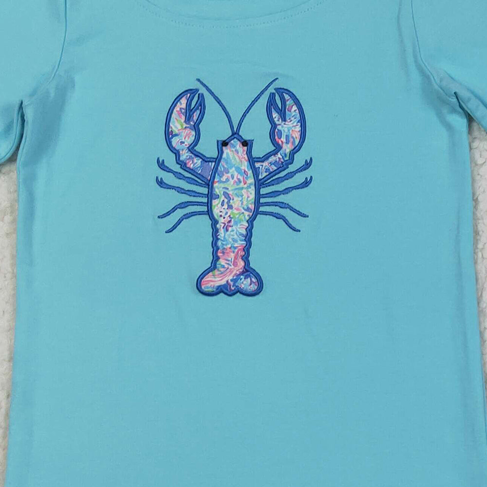 RTS NO MOQ （In stock）BSSO1479 Baby Boys Summer Boys Outfits Embroidery Baby Boys Blue Crayfish Top Pockets Short Sets