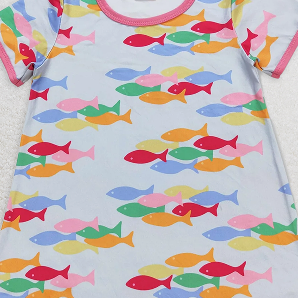 GSD0813 RTS NO MOQ Baby Girls Summer Dress Colorful fish pink and blue short-sleeved dress