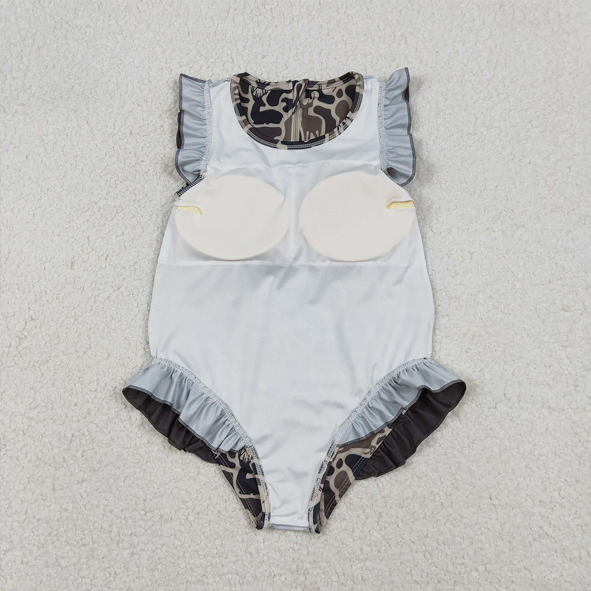 12.23 RTS NO MOQ （In stock）S0597 Baby Girls Southern Dark Brown Deer Camo Zipper Ruffle Swimsuits