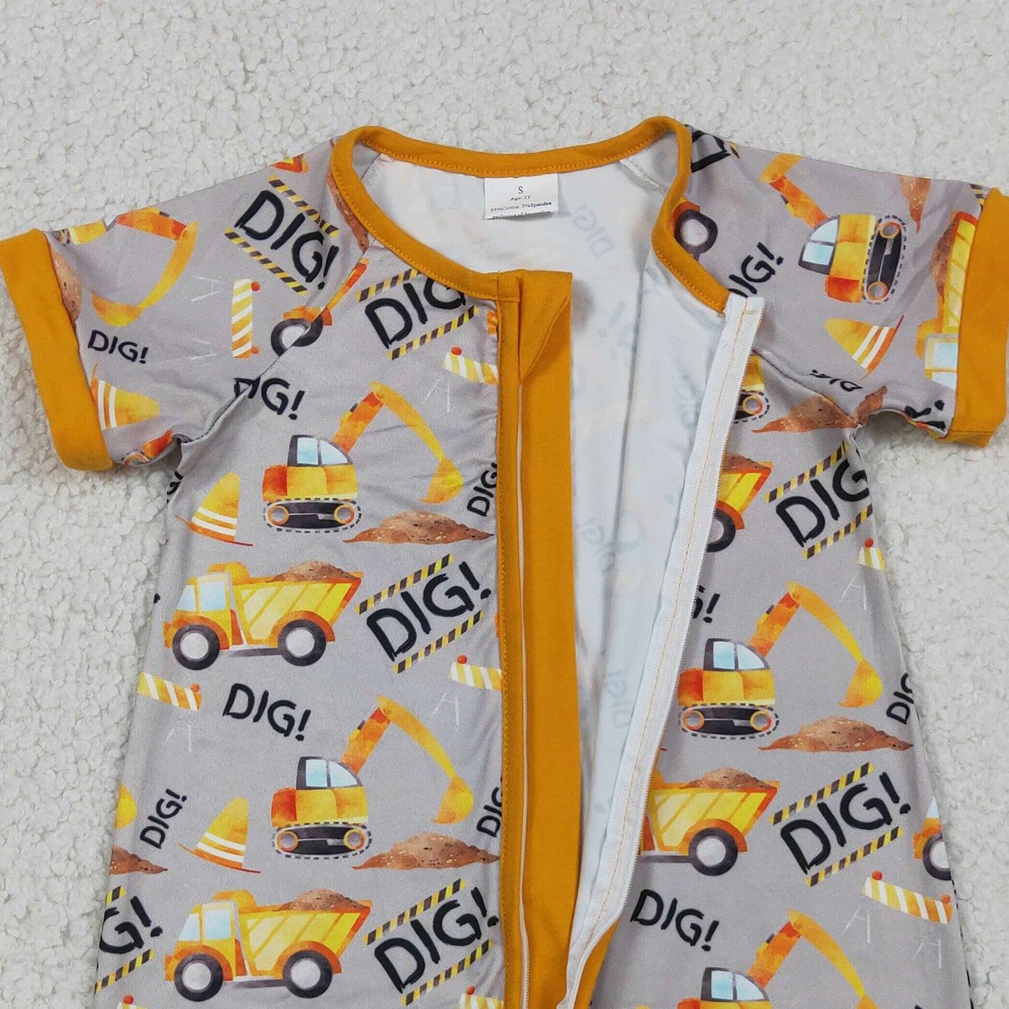 SR0844 RTS NO MOQ （In stock）Short sleeves dig excavator baby boy zipper romper