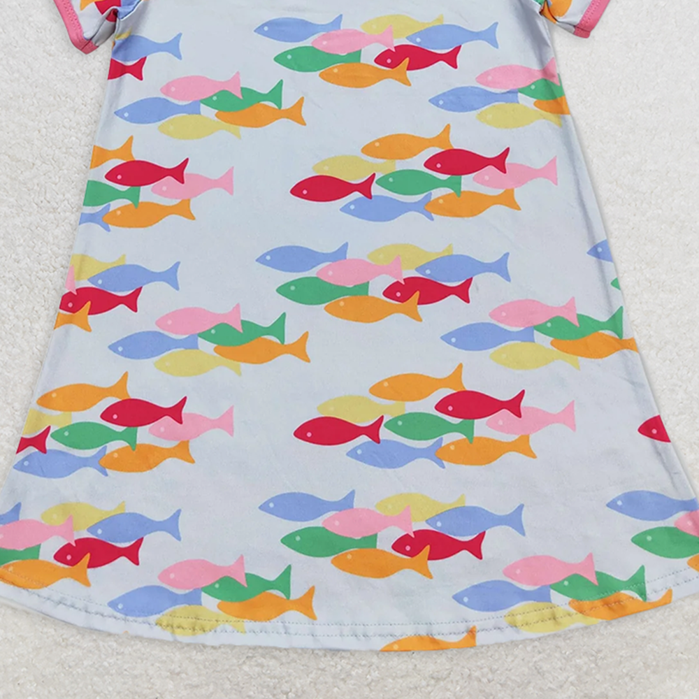 GSD0813 RTS NO MOQ Baby Girls Summer Dress Colorful fish pink and blue short-sleeved dress