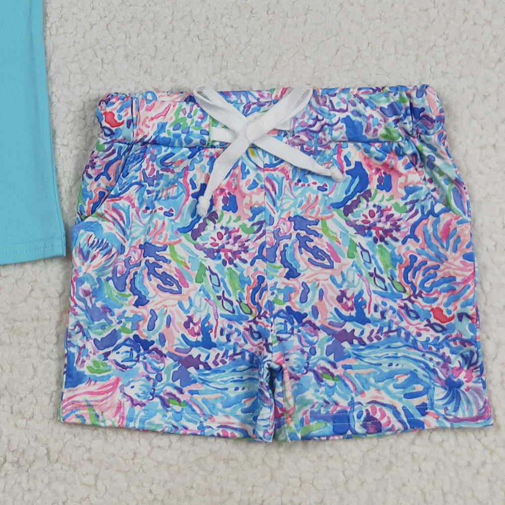 RTS NO MOQ （In stock）BSSO1479 Baby Boys Summer Boys Outfits Embroidery Baby Boys Blue Crayfish Top Pockets Short Sets
