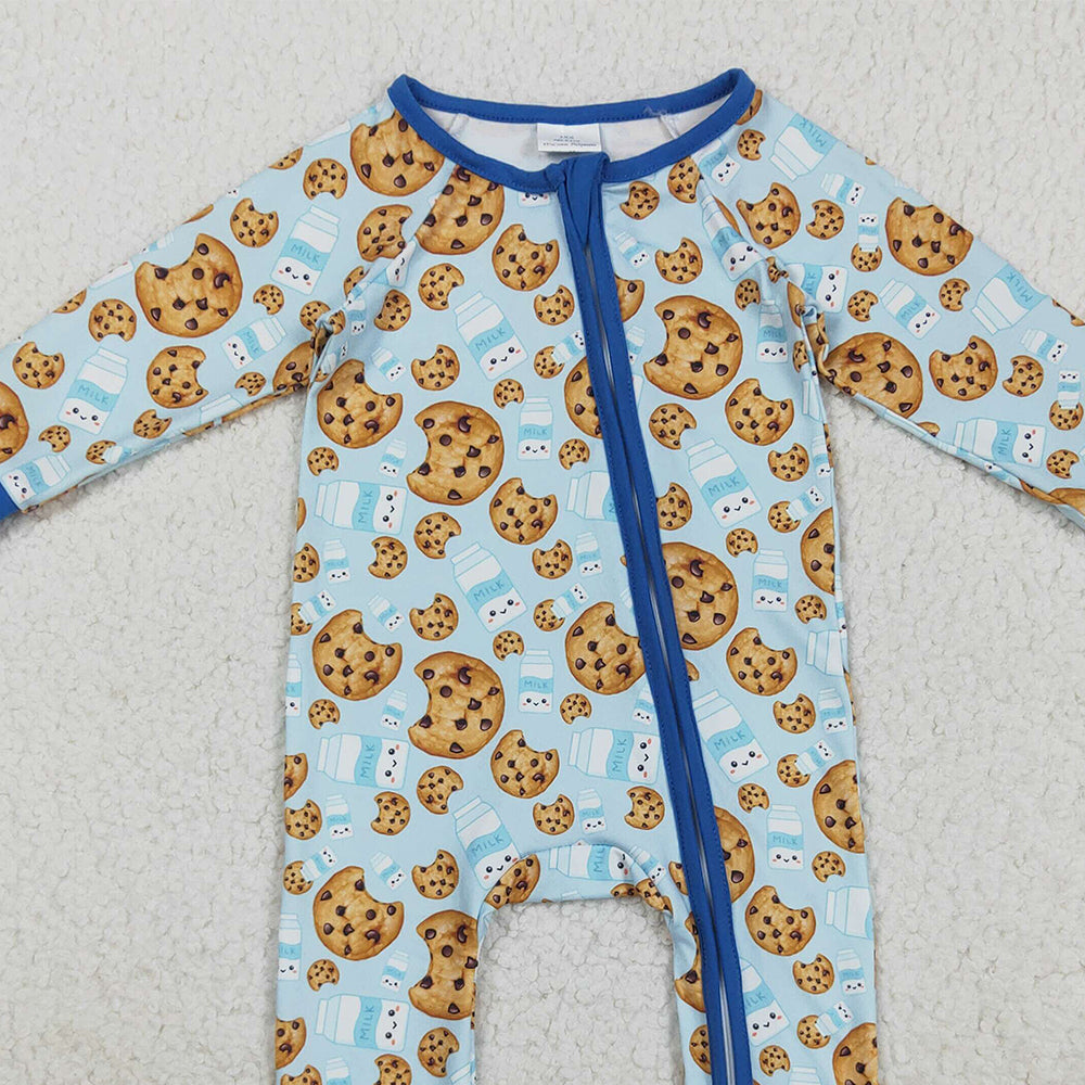 RTS NO MOQ （In stock）LR2397 Baby Boys  Winter Rompers Baby Boys Blue Milk Cookies Christmas Zipper Pant Rompers