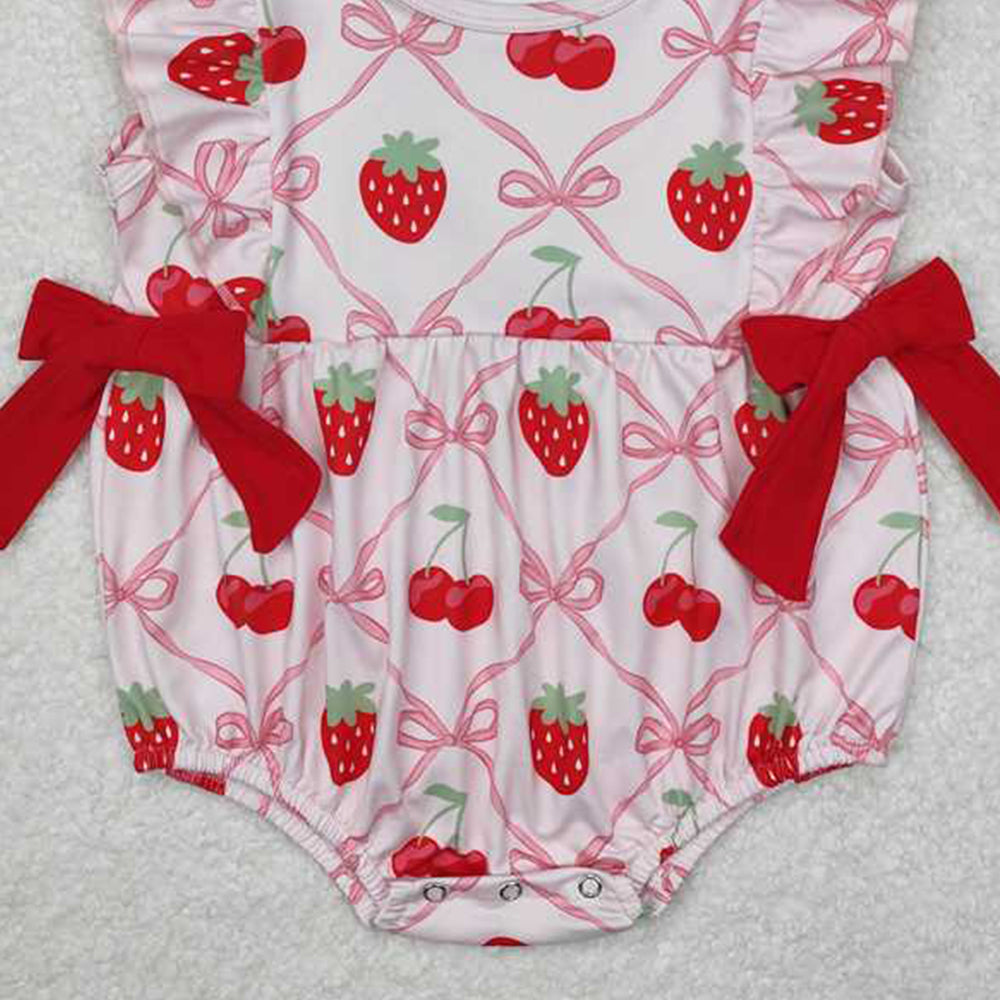 SR2295 RTS NO MOQ Ruffle pink bow strawberry cherry baby girls romper