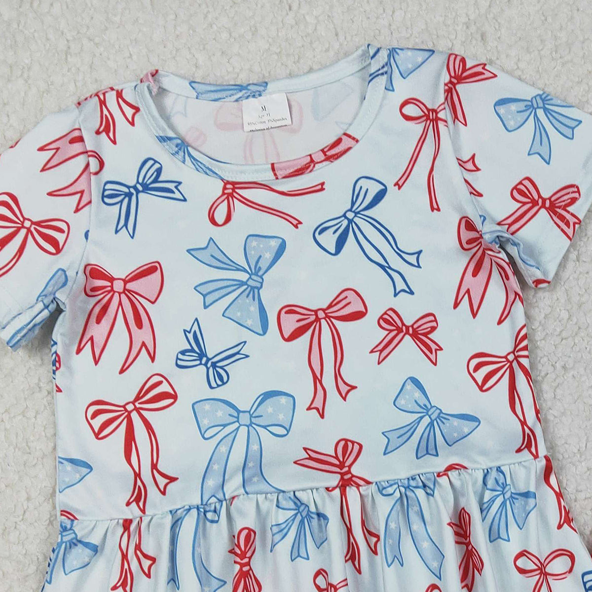 12.9 RTS NO MOQ （In stock）GSSO2838 Baby Girls Red Blue Bows Ruffle Top Stripe Shorts July 4th Clothes Sets