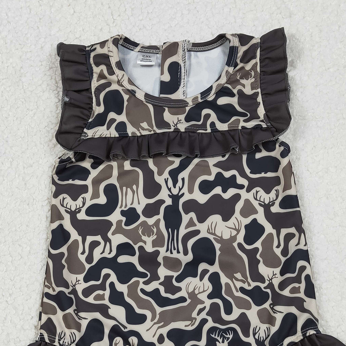 12.23 RTS NO MOQ （In stock）S0597 Baby Girls Southern Dark Brown Deer Camo Zipper Ruffle Swimsuits