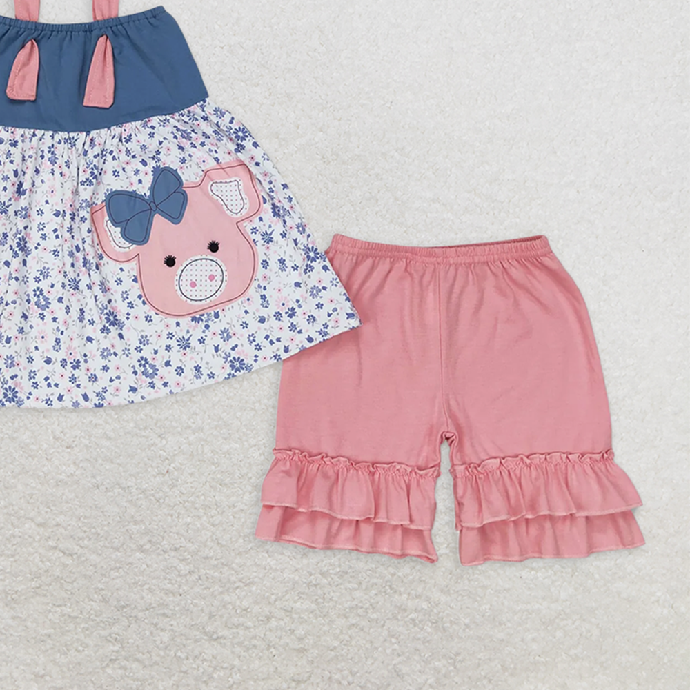 GSSO0493RTS NO MOQ Baby Girls Summer Outfits Pig floral tunic ruffle shorts girls summer clothes