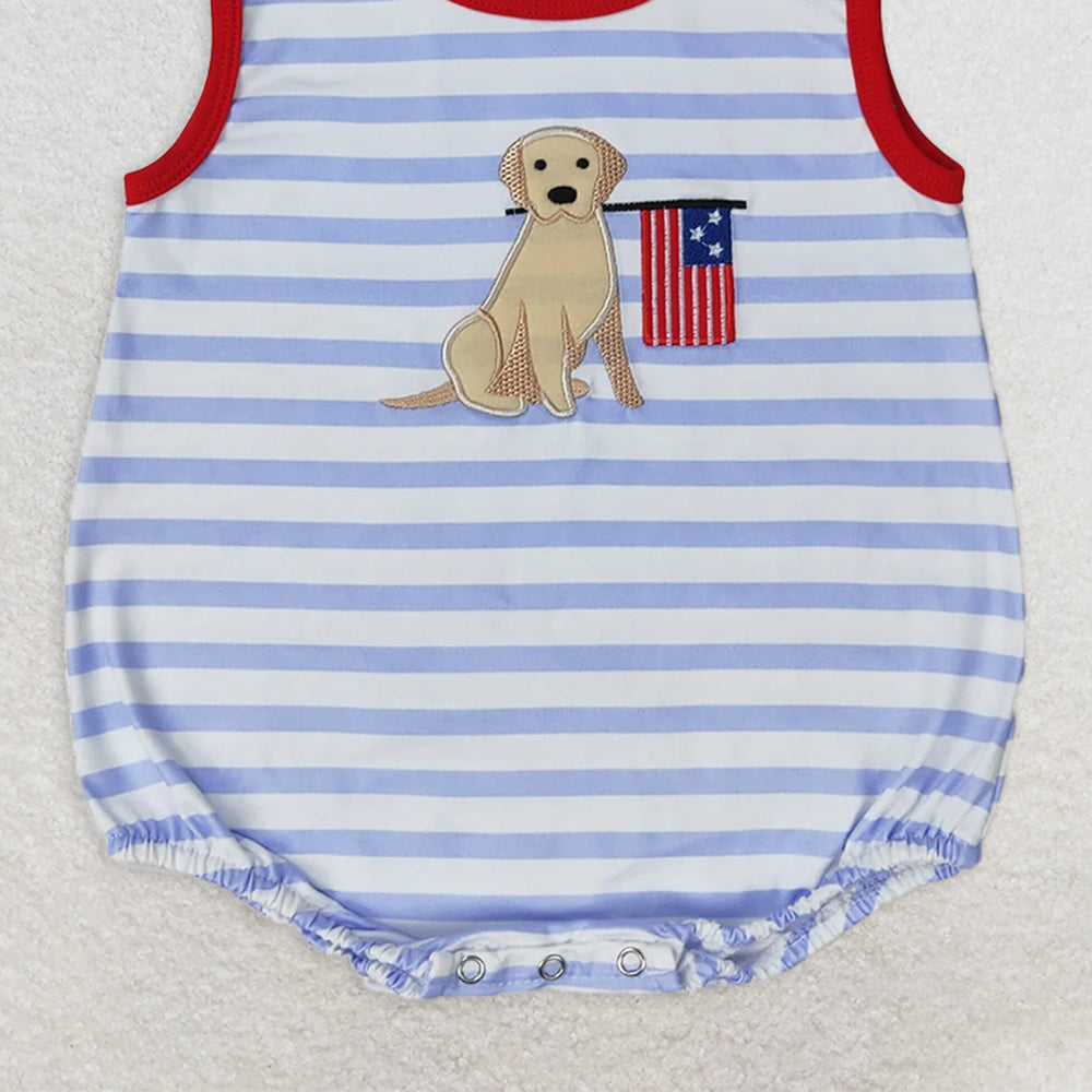 SR1080 RTS NO MOQ Baby Boys Summer Rompers Embroidery Baby Infant Boys Blue Stripes Dog Flag Sleeveless Summer Rompers