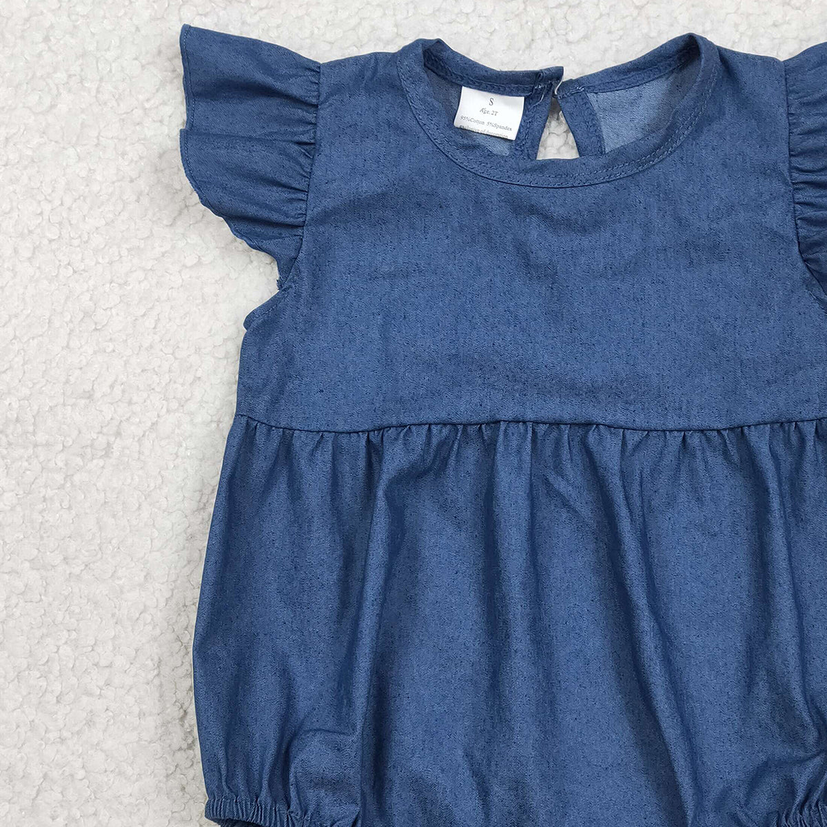 2.3 RTS NO MOQ （In stock）SR3734 Baby Girls Hot Blue Flutter Sleeve Denim Ruffle Rompers