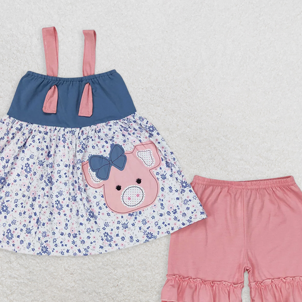 GSSO0493RTS NO MOQ Baby Girls Summer Outfits Pig floral tunic ruffle shorts girls summer clothes