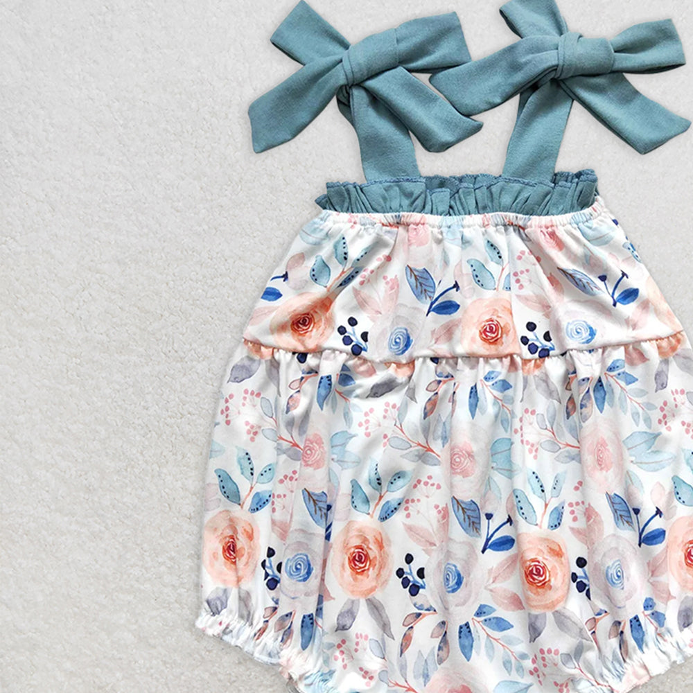SR0907  RTS NO MOQ Baby Girls Summer Rompers Baby Infant Girls Dark Blue Flowers Straps Rompers