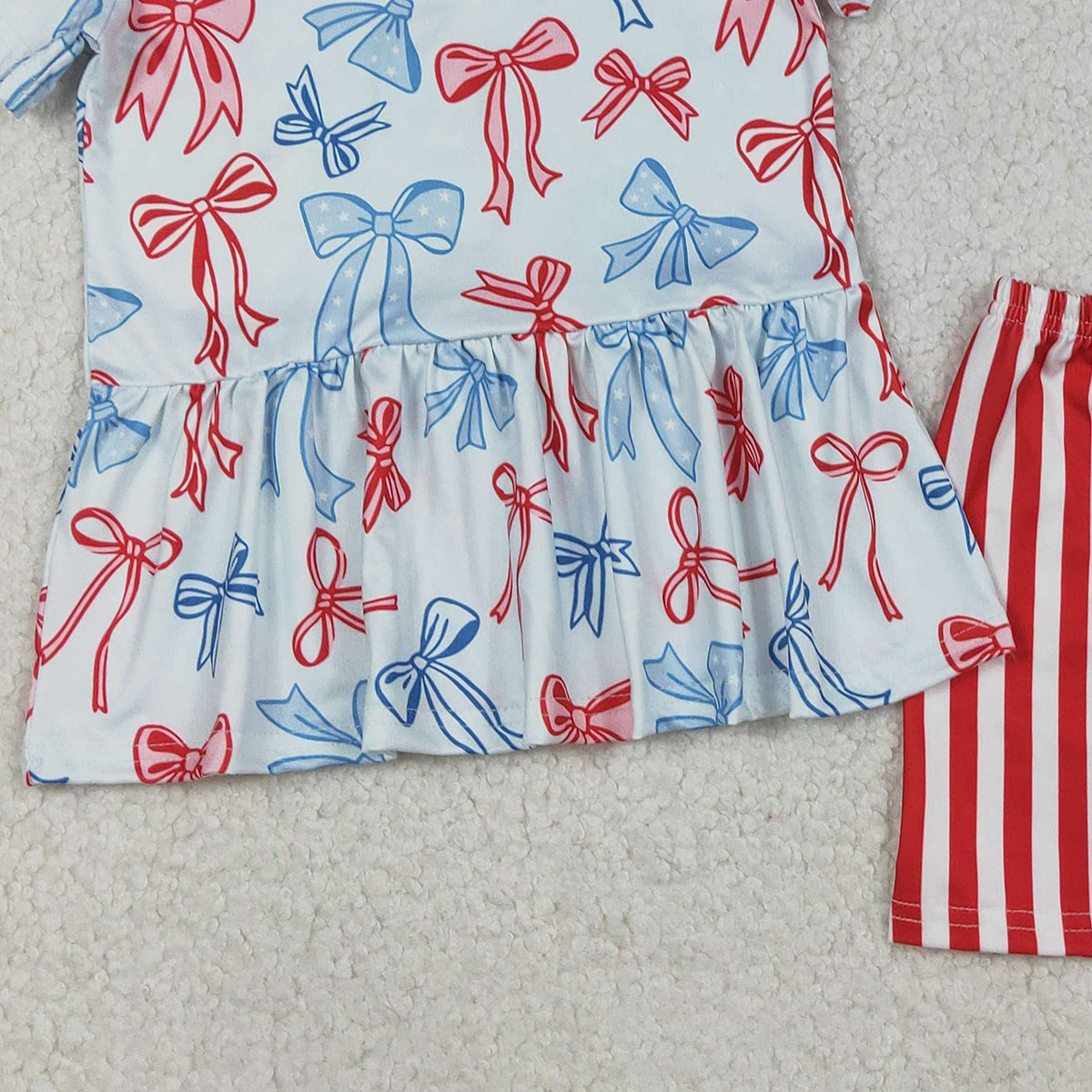 12.9 RTS NO MOQ （In stock）GSSO2838 Baby Girls Red Blue Bows Ruffle Top Stripe Shorts July 4th Clothes Sets