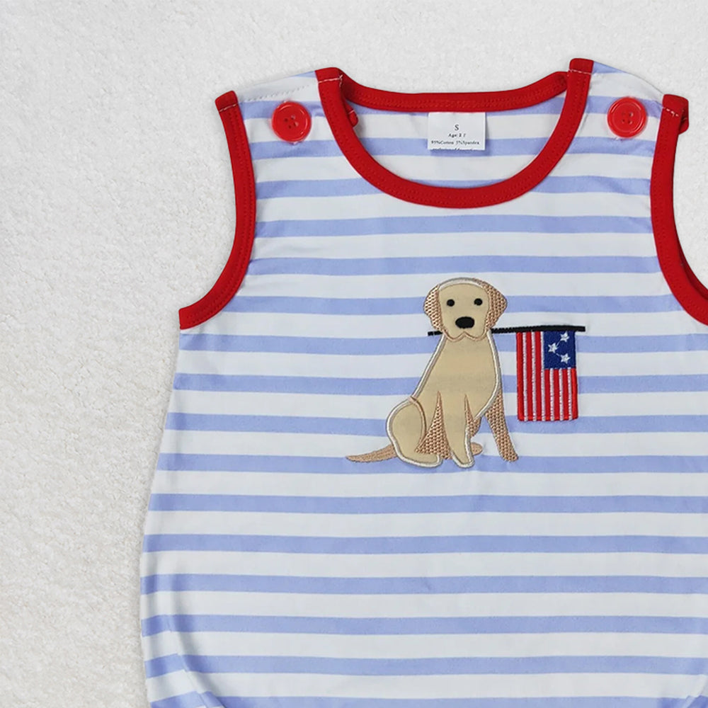 SR1080 RTS NO MOQ Baby Boys Summer Rompers Embroidery Baby Infant Boys Blue Stripes Dog Flag Sleeveless Summer Rompers