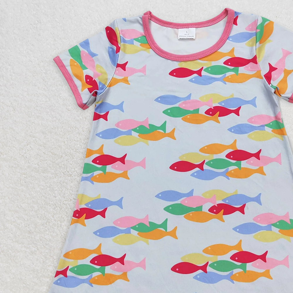 GSD0813 RTS NO MOQ Baby Girls Summer Dress Colorful fish pink and blue short-sleeved dress