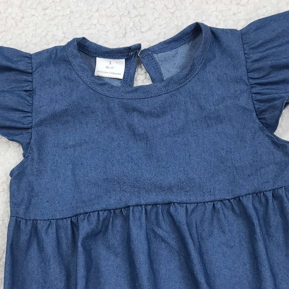 2.3 RTS NO MOQ （In stock）SR3734 Baby Girls Hot Blue Flutter Sleeve Denim Ruffle Rompers