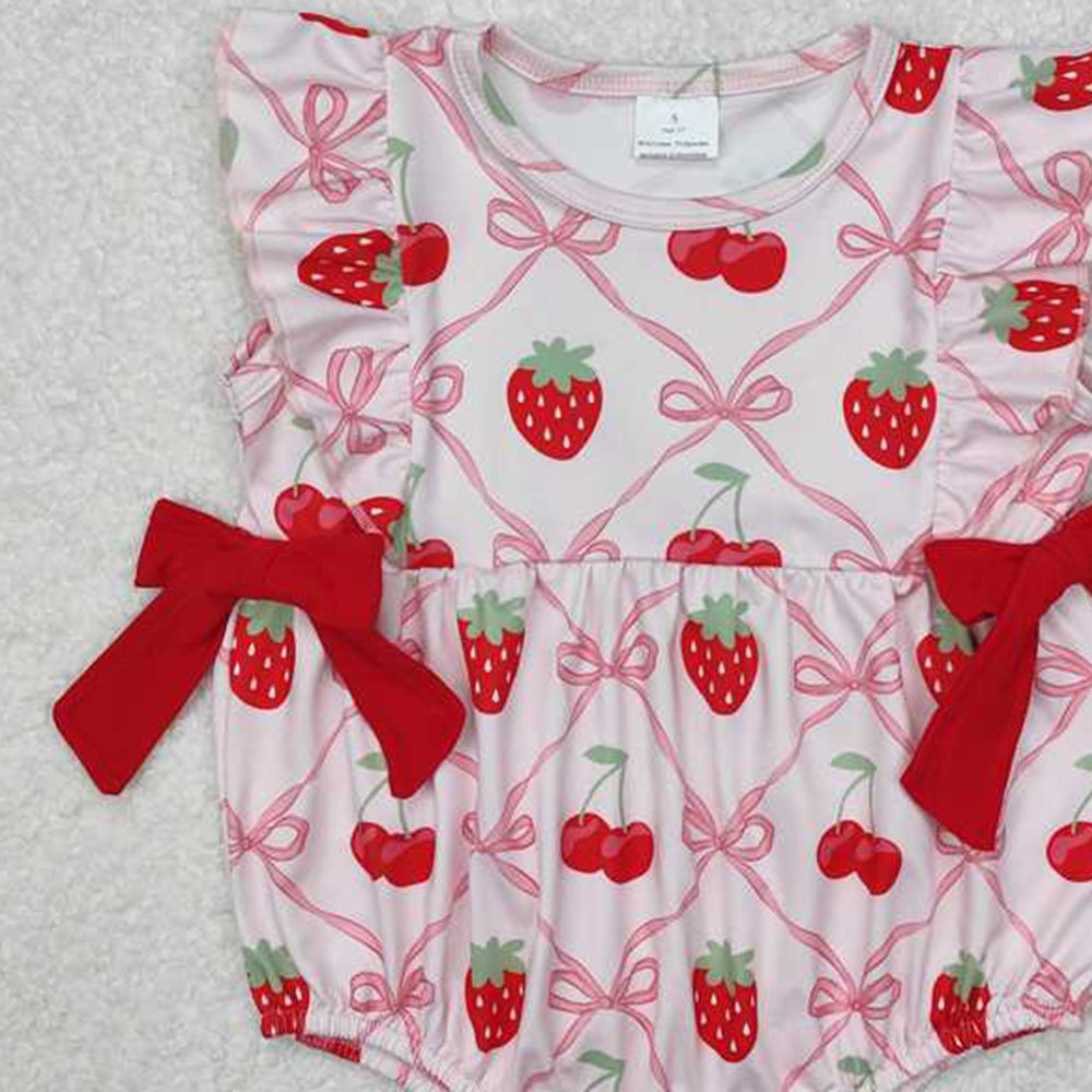 SR2295 RTS NO MOQ Ruffle pink bow strawberry cherry baby girls romper