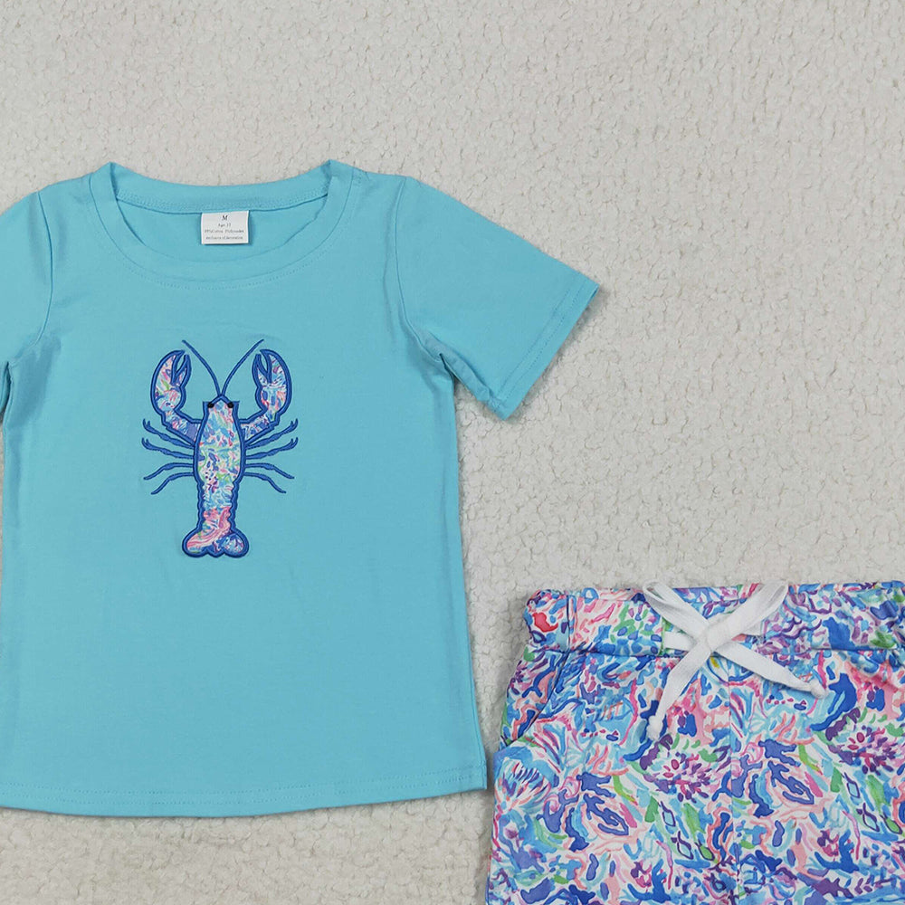 RTS NO MOQ （In stock）BSSO1479 Baby Boys Summer Boys Outfits Embroidery Baby Boys Blue Crayfish Top Pockets Short Sets