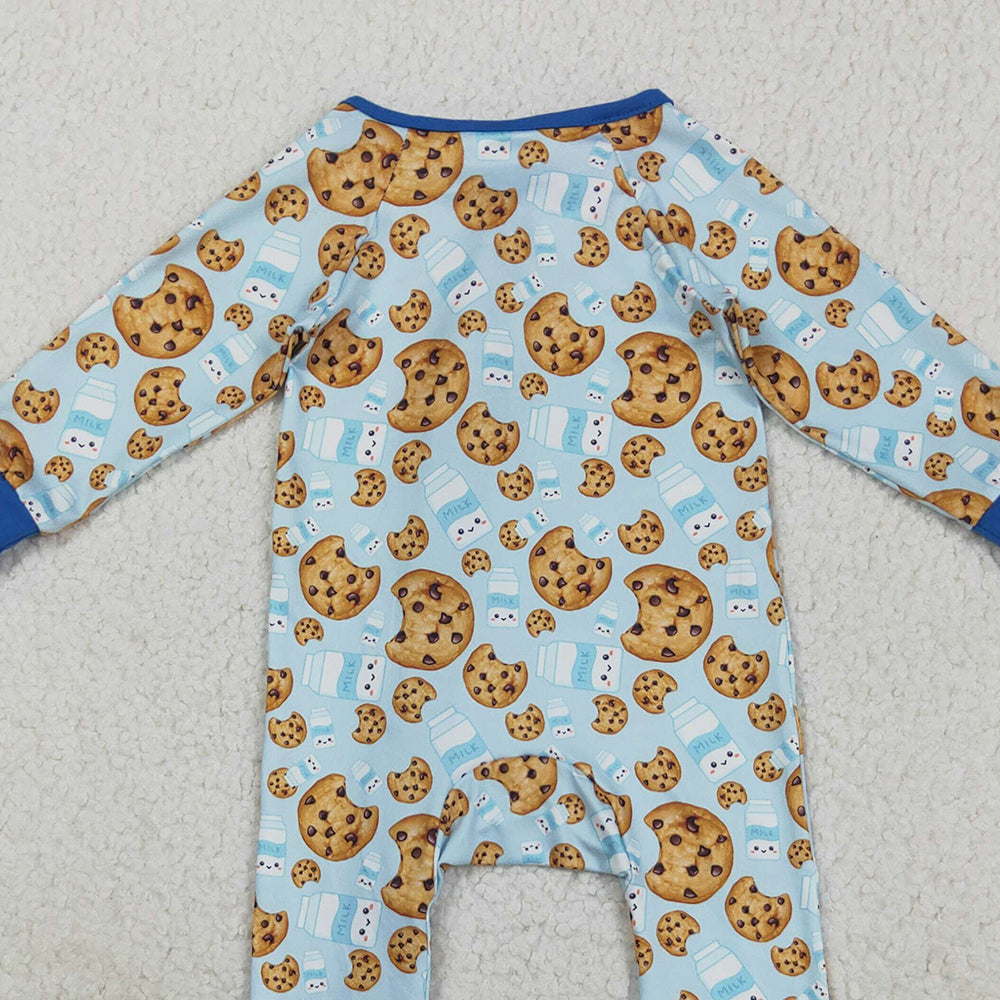 RTS NO MOQ （In stock）LR2397 Baby Boys  Winter Rompers Baby Boys Blue Milk Cookies Christmas Zipper Pant Rompers