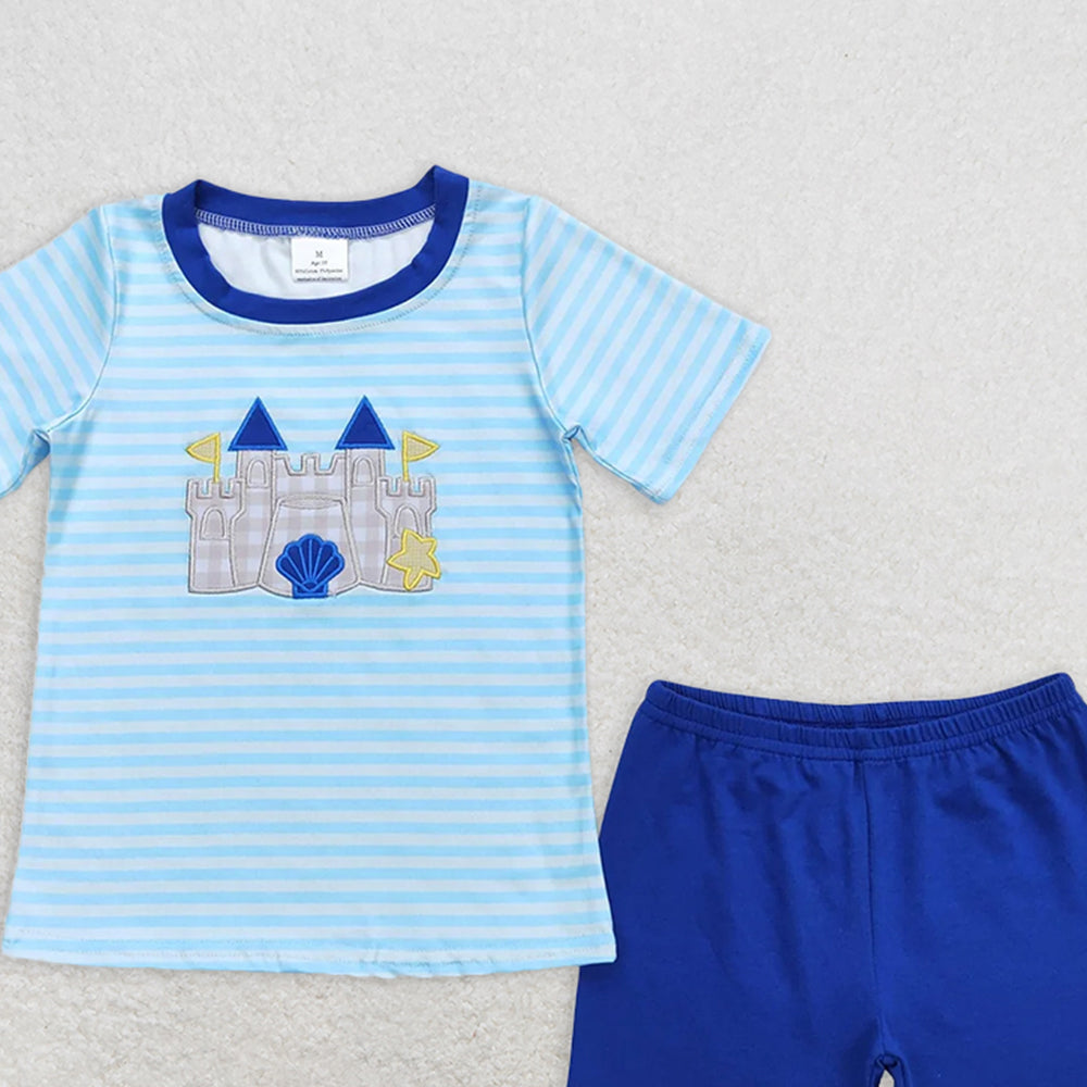 BSSO0747  RTS NO MOQ  Baby Boys Summer Boys Outfits Baby Boys Blue Stripes Castle Tee Shirts Tops Shorts Clothes Sets
