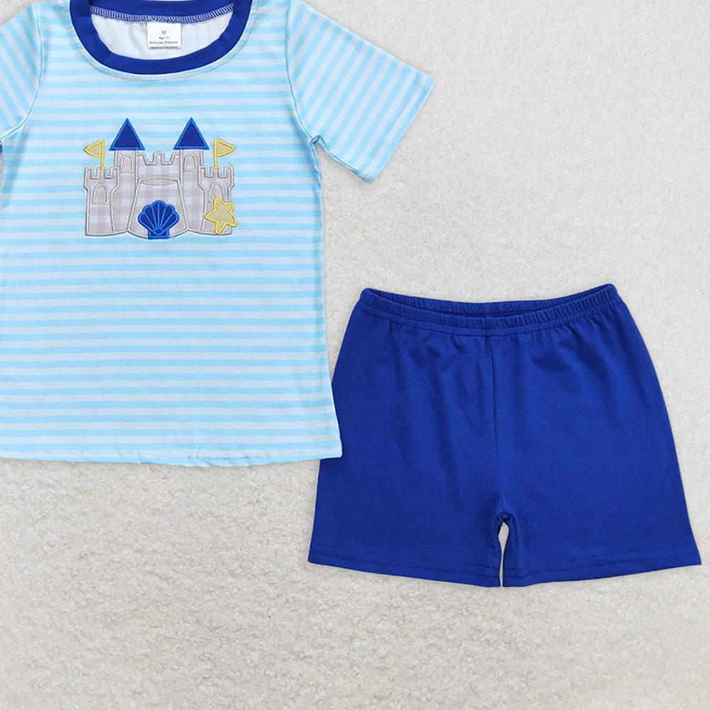 BSSO0747  RTS NO MOQ  Baby Boys Summer Boys Outfits Baby Boys Blue Stripes Castle Tee Shirts Tops Shorts Clothes Sets