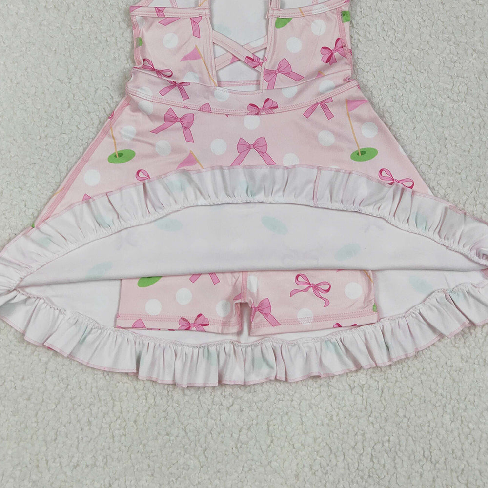 8.14 GSD2568RTS NO MOQ Baby Girls Summer Yoga Dress Baby Girls Strap Pink Bows Golf Flags Activity Wear Yoga Knee Length Dresses