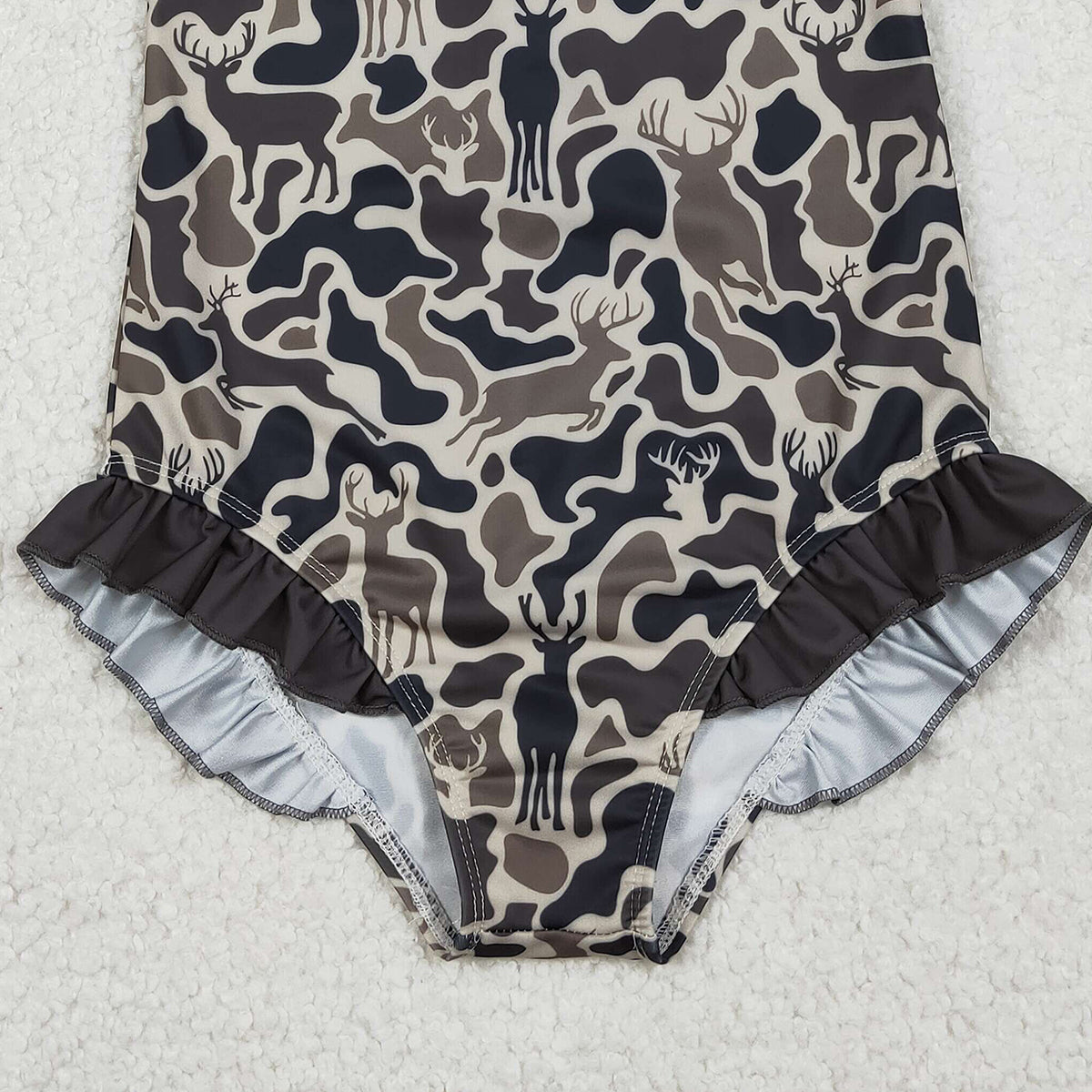 12.23 RTS NO MOQ （In stock）S0597 Baby Girls Southern Dark Brown Deer Camo Zipper Ruffle Swimsuits
