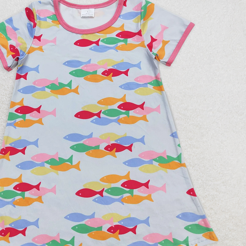 GSD0813 RTS NO MOQ Baby Girls Summer Dress Colorful fish pink and blue short-sleeved dress