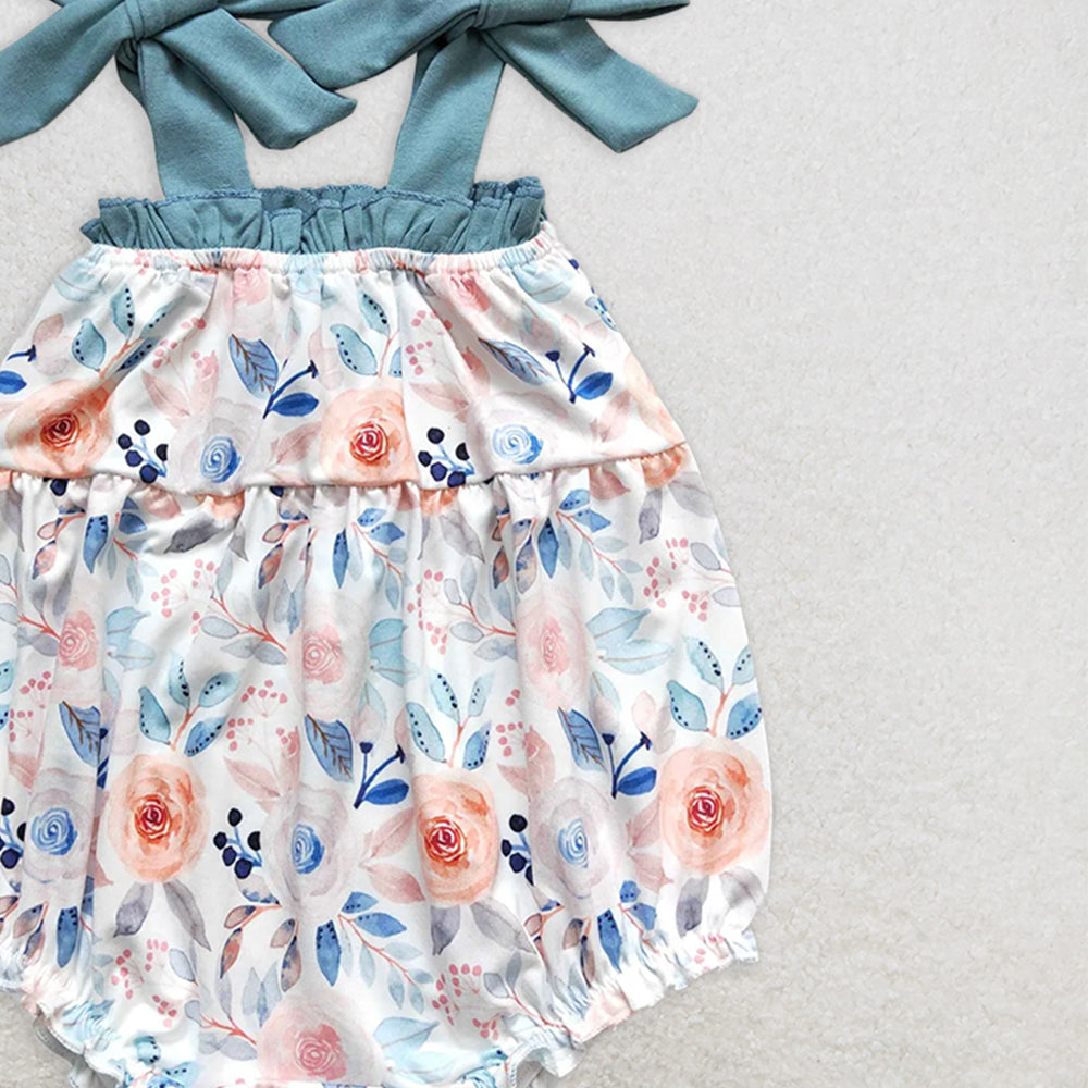 SR0907  RTS NO MOQ Baby Girls Summer Rompers Baby Infant Girls Dark Blue Flowers Straps Rompers