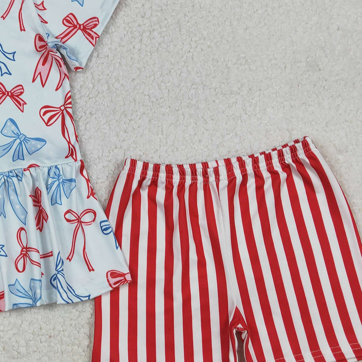 12.9 RTS NO MOQ （In stock）GSSO2838 Baby Girls Red Blue Bows Ruffle Top Stripe Shorts July 4th Clothes Sets