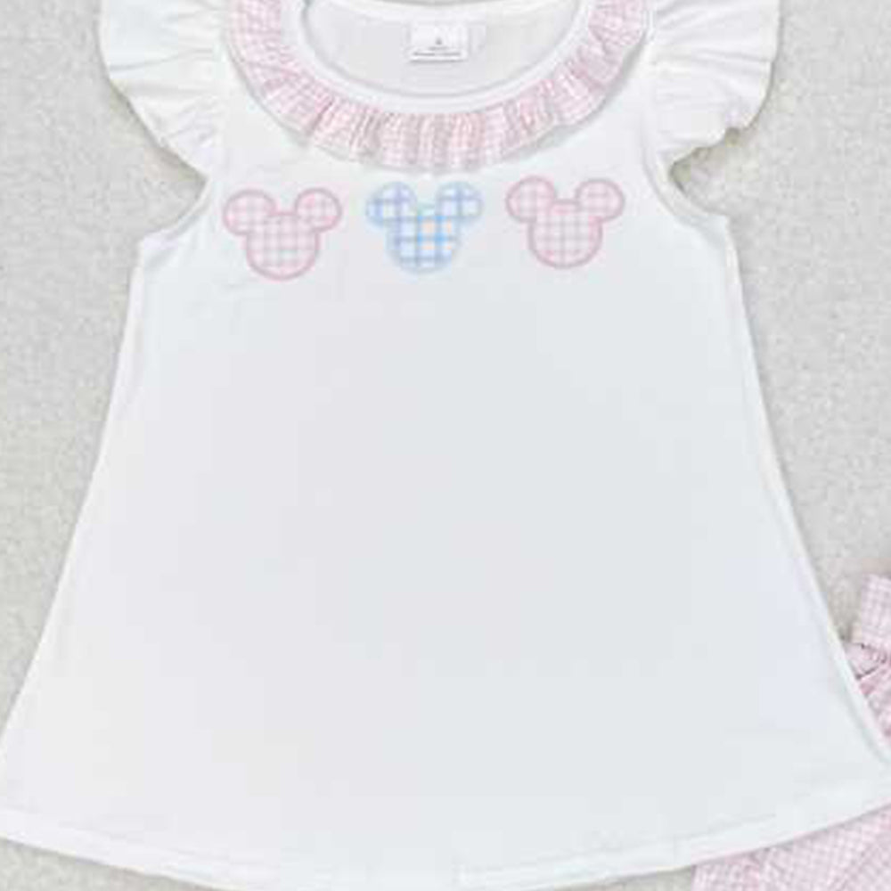 4.12 GSSO1136 RTS NO MOQ White flutter sleeves mouse top pink plaid shorts girls clothes