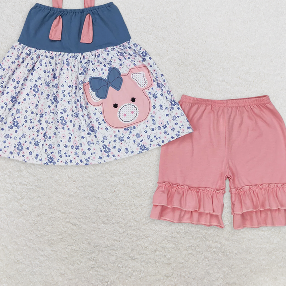 GSSO0493RTS NO MOQ Baby Girls Summer Outfits Pig floral tunic ruffle shorts girls summer clothes