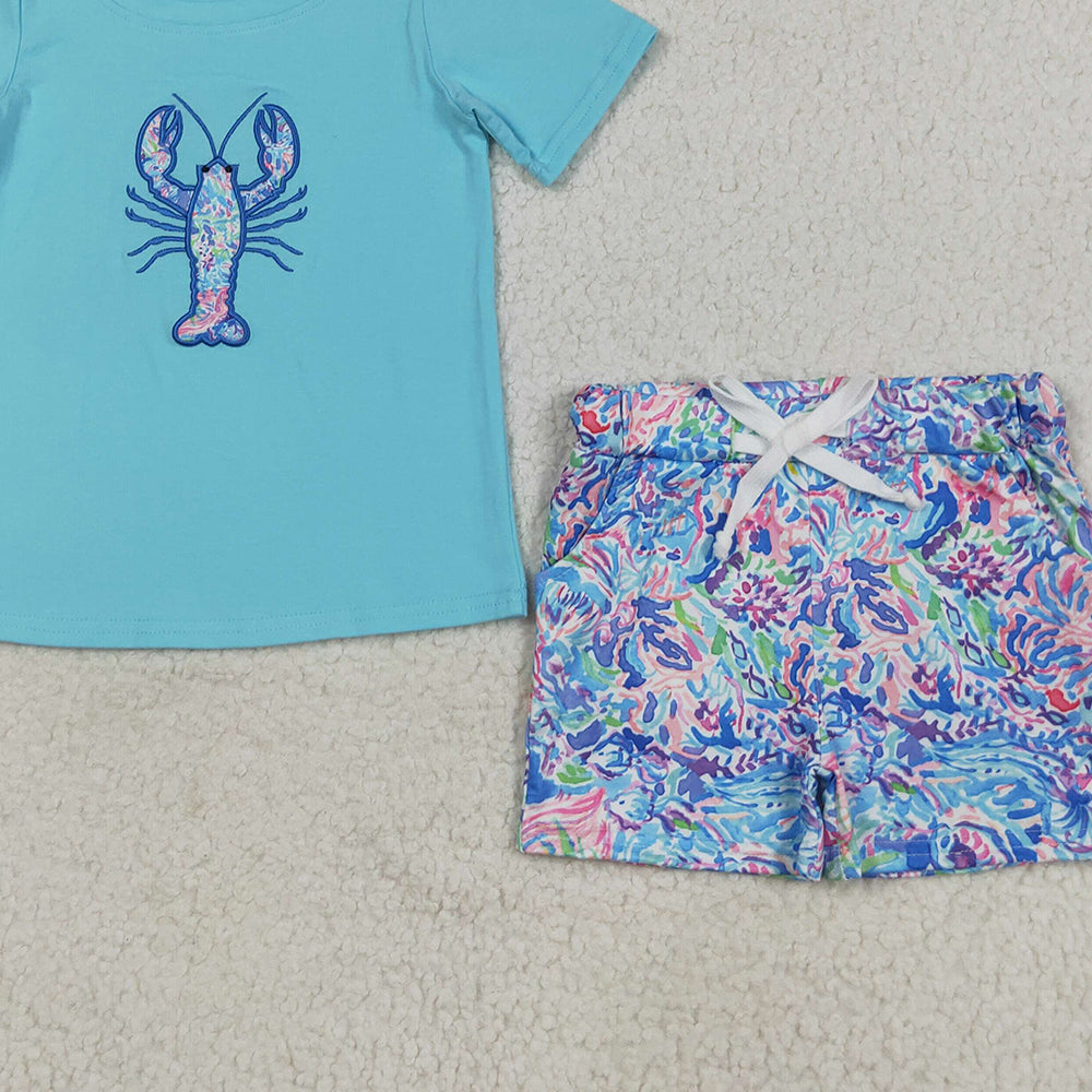 RTS NO MOQ （In stock）BSSO1479 Baby Boys Summer Boys Outfits Embroidery Baby Boys Blue Crayfish Top Pockets Short Sets