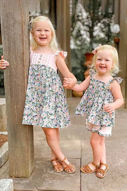 Girls Floral Tunic Top with Flutter Sleeves And Ruffle Shorts Set - Spring Summer Children's Clothing Outfit