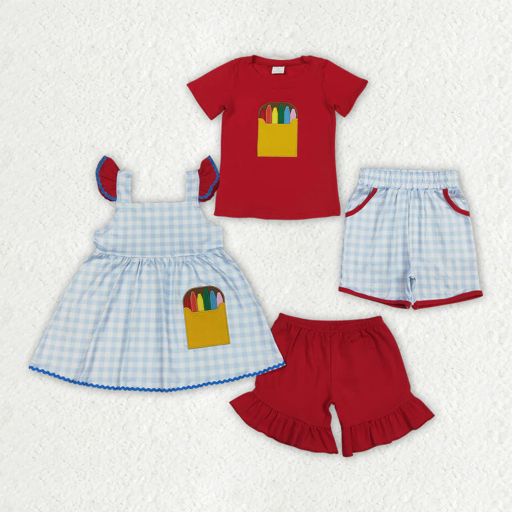 3.18 RTS Sibling Baby Boys Girls Embroidery Apple Pencils Pockets Short Back to School Sets