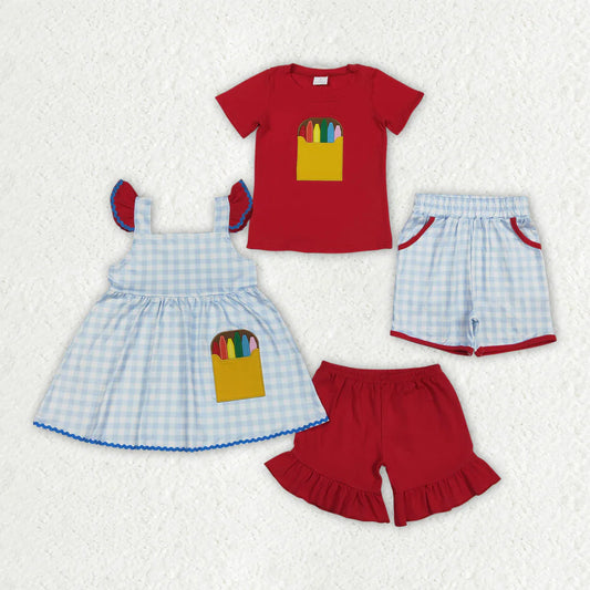 3.18 RTS Sibling Baby Boys Girls Embroidery Apple Pencils Pockets Short Back to School Sets